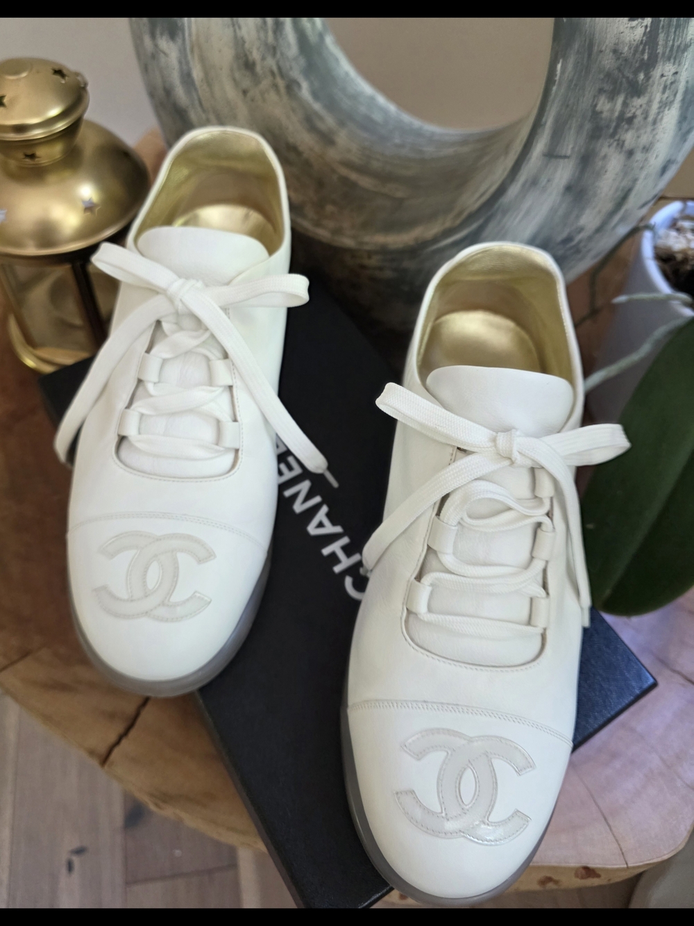 Chanel White Leather Lace-Up Sneakers